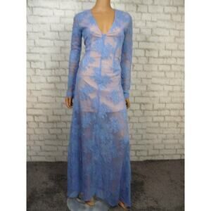 $268 Majorelle Blue Lace Nude Lined Aztec Vneck Fitted Maxi Dress Small NEW